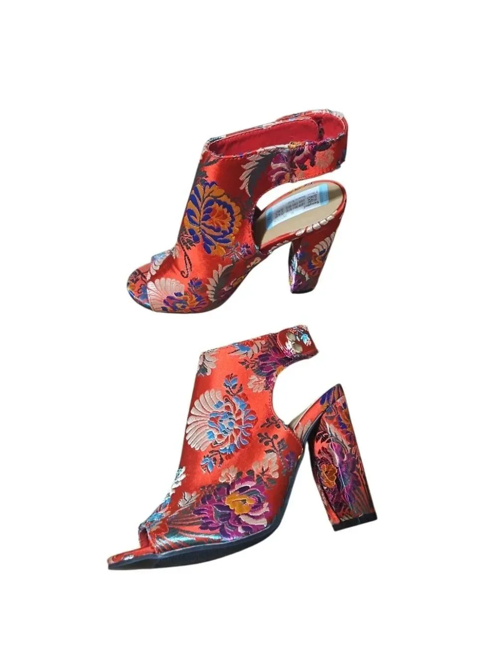 Bamboo Red Floral High Heels with Ankle Strap 5.5 Embroidered Colorful Handmade